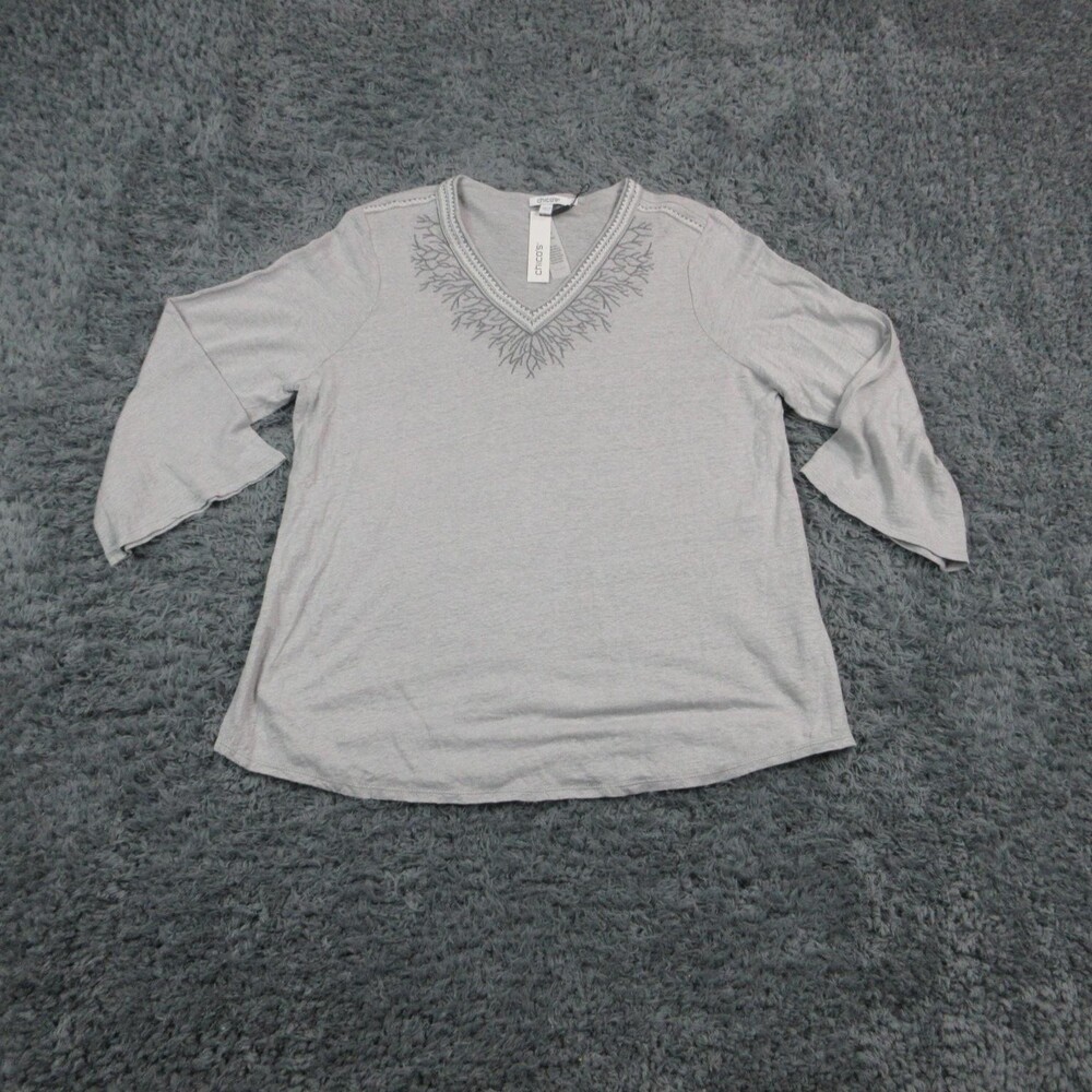 Chico's Blouse Shirt Womens XL Gray Linen 3/4 Sleeve Embroidered Tunic NWT